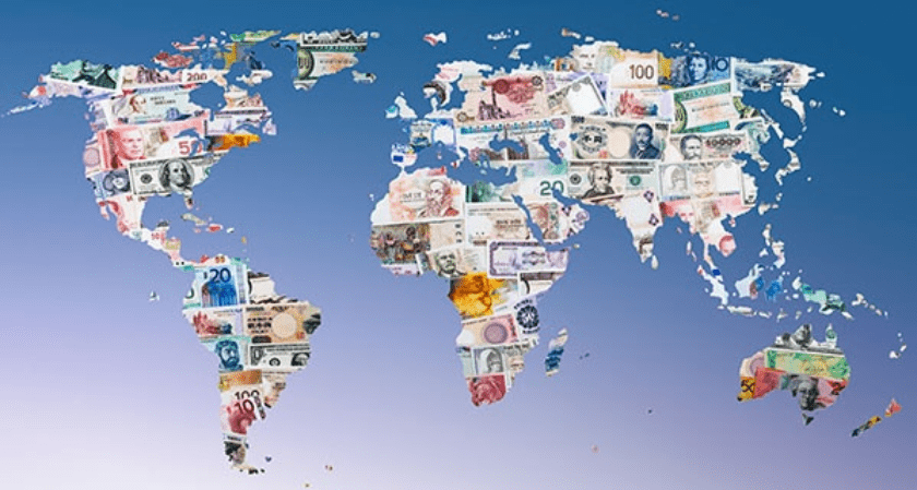 mapa con monedas internacionales