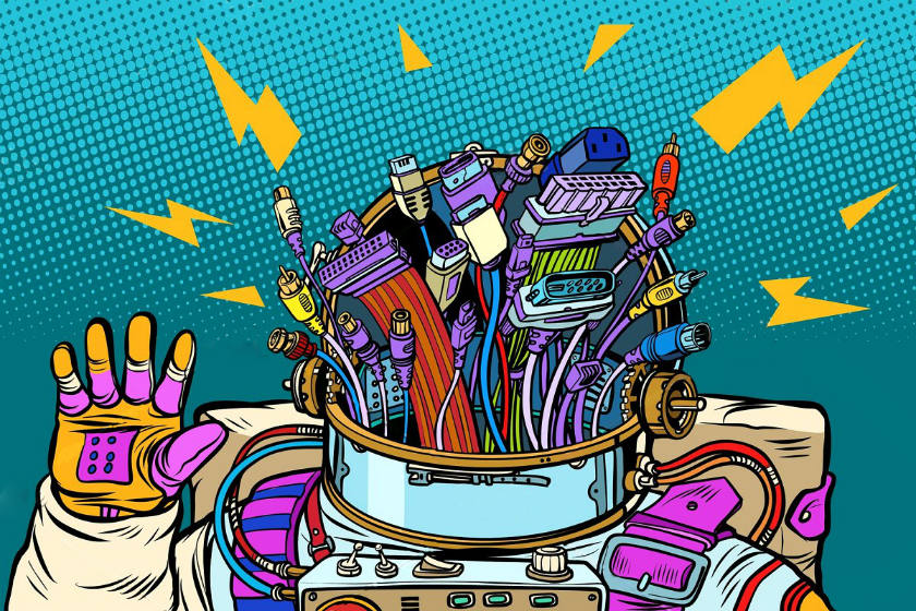 caos de cables y cargadores