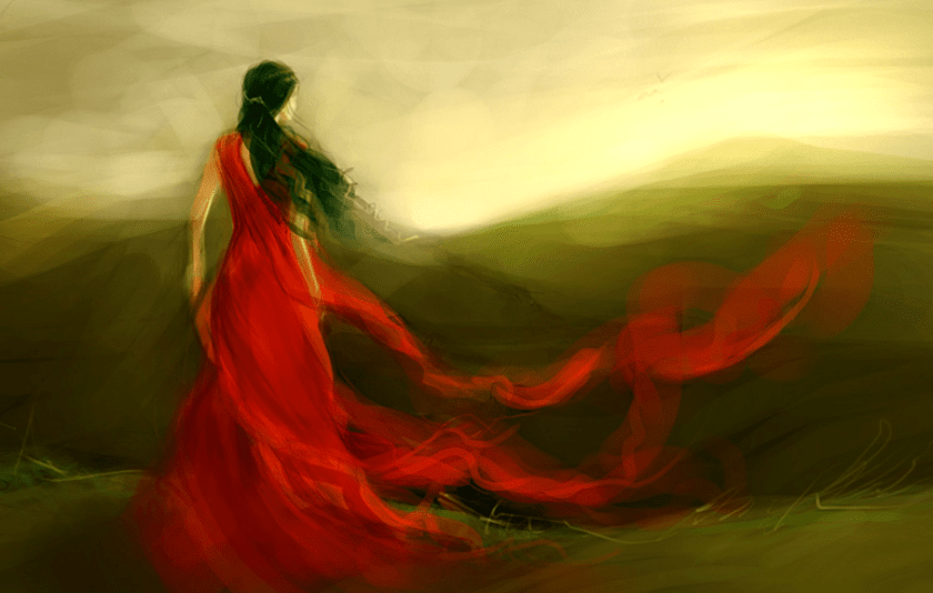 mujer con vestigo largo rojo