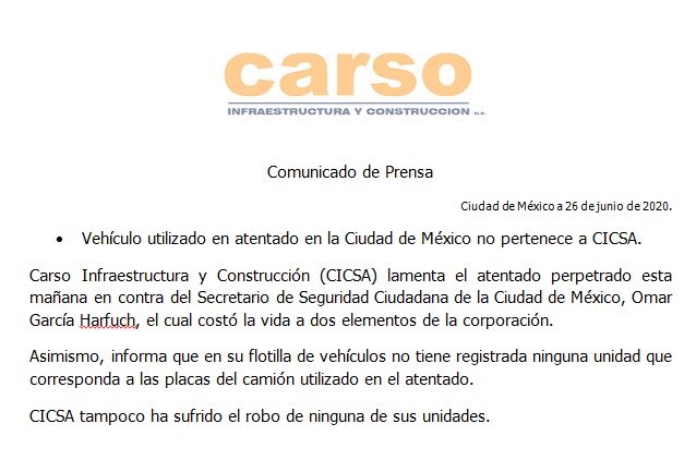 Grupo Carso aclara uso de camioneta en atentado a García Harfuch