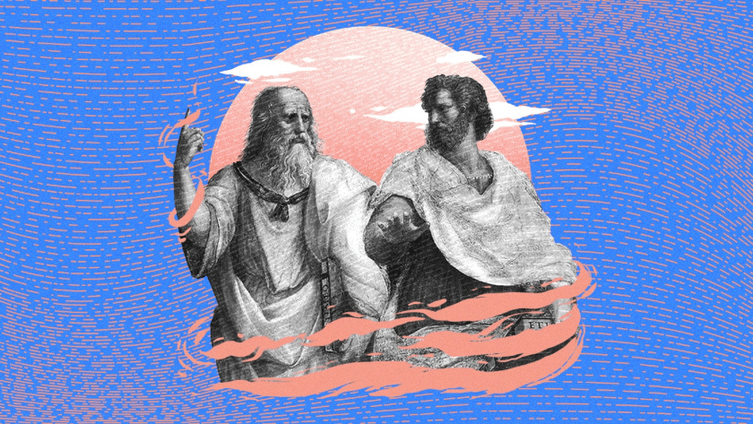 La escuela de atenas, Platón y Aristoteles